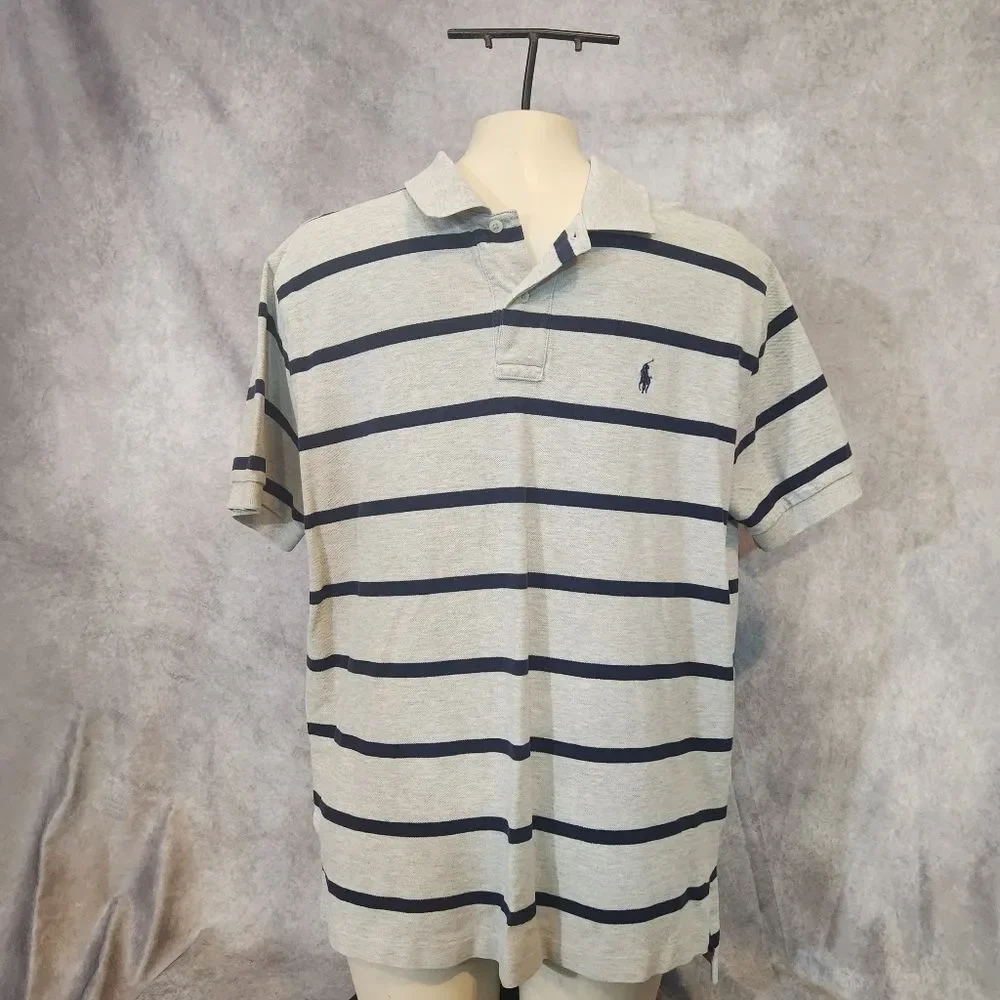 Ralph Lauren Men's Polo Shirt in Gray and Navy Stripes Size Large‎